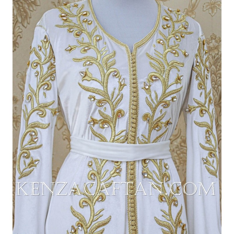 Takchita Fatima (blanche) - caftan mariage moderne velours en ligne By Kenza Caftan