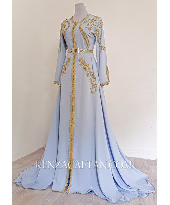 Caftan marocain bleu avec broderie et perlage - 