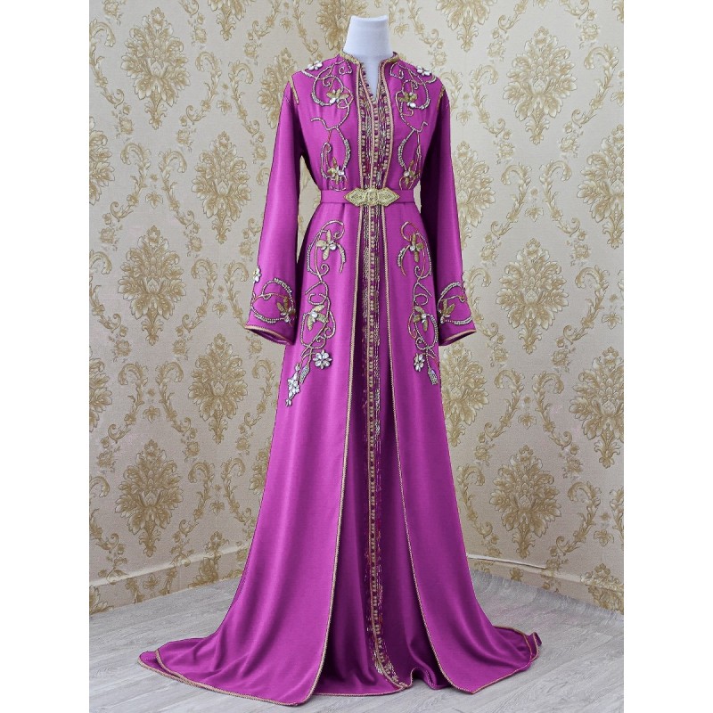 Caftan marocain Lilas avec perlage à main - Vente caftan pas cher en ligne 100% marocain ✅  Takchita rouge