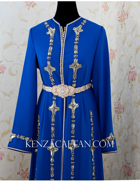Royal blue kaftan dress with hand beading - 1