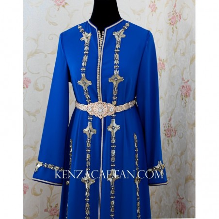 Royal blue kaftan dress with hand beading - 1