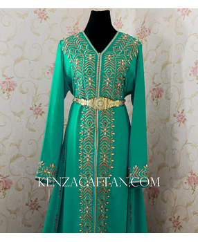 Robe marocaine verte avec broderie et perlage - 