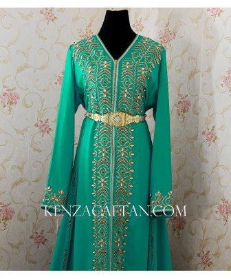 Robe marocaine verte avec broderie et perlage - 