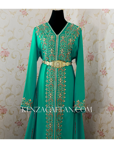 Robe marocaine verte avec broderie et perlage - 