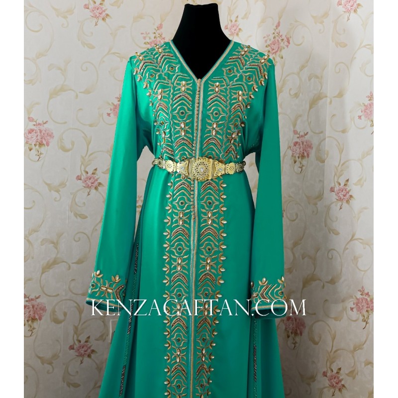 Robe marocaine verte avec broderie et perlage - 