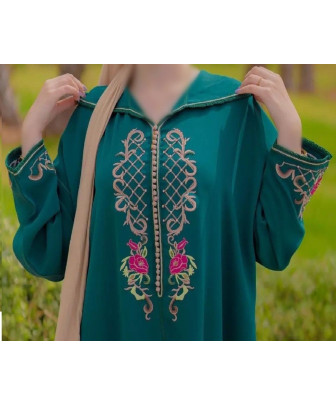 Dark green djellaba in crepe with colorful embroidery - 1