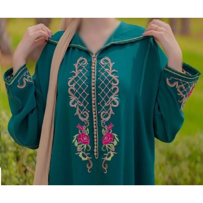 Dark green djellaba in crepe with colorful embroidery - 1