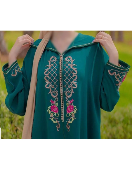 Dark green djellaba in crepe with colorful embroidery - 1