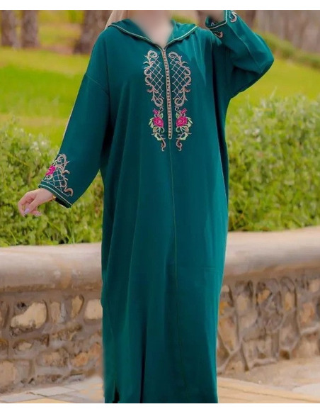 Dark green djellaba in crepe with colorful embroidery - 2