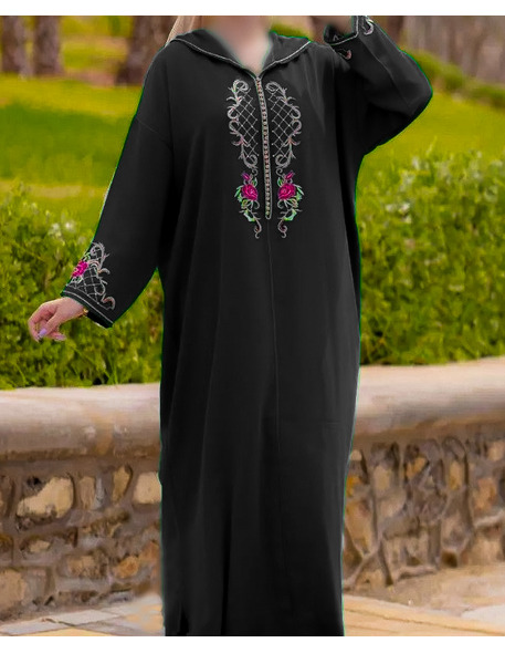 Black djellaba in crepe with colored embroidery - 1