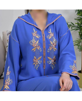 Blue djellaba in crepe with golden embroidery - 1