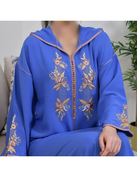 Blue djellaba in crepe with golden embroidery - 1