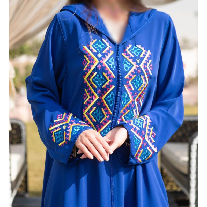 Royal blue djellaba with colorful embroidery - 1