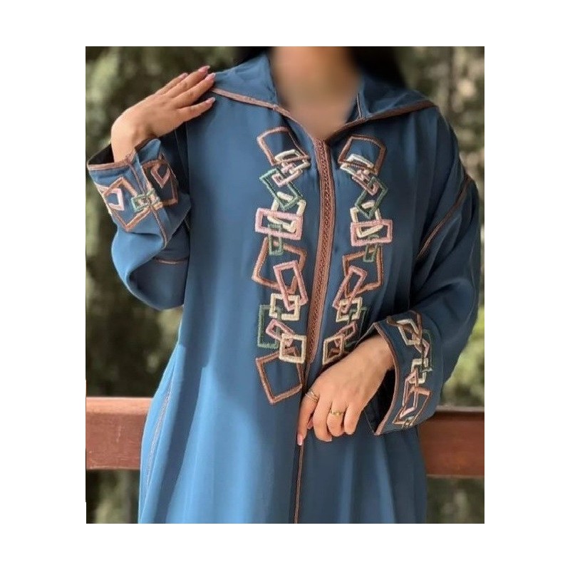 Djellaba in petrol blue with colored embroidery - 2