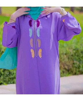 Djellaba in purple crepe with colorful embroidery - 1