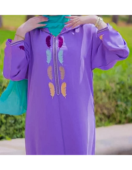 Djellaba in purple crepe with colorful embroidery - 1
