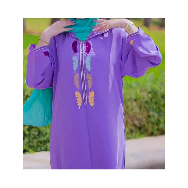 Djellaba in purple crepe with colorful embroidery - 1