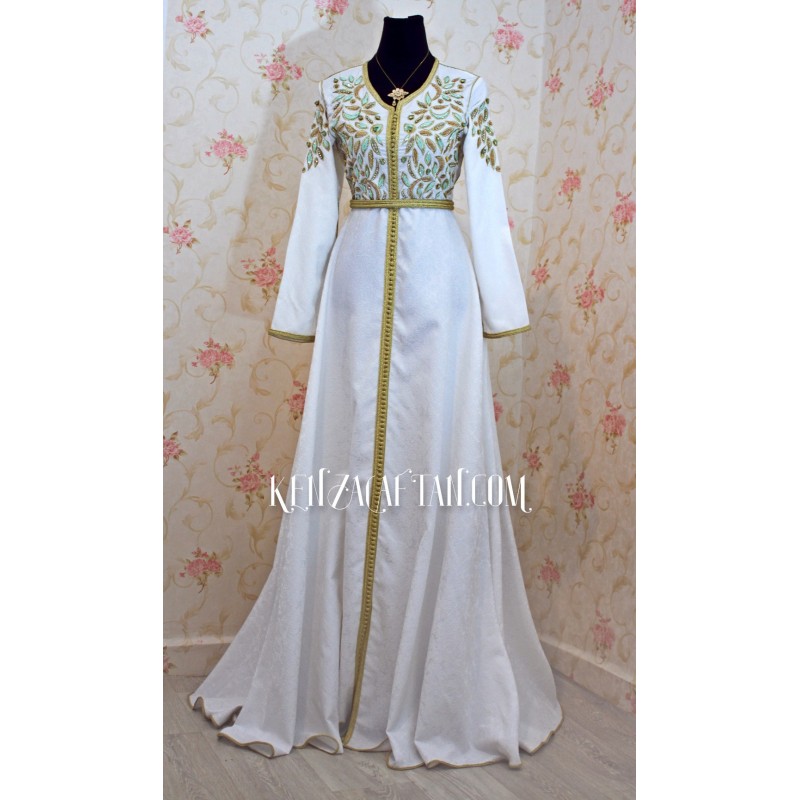 Caftan Mariage blanc et doré perlage vert - 