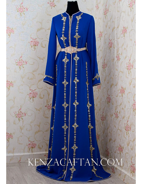 Royal blue kaftan dress with hand beading - 1