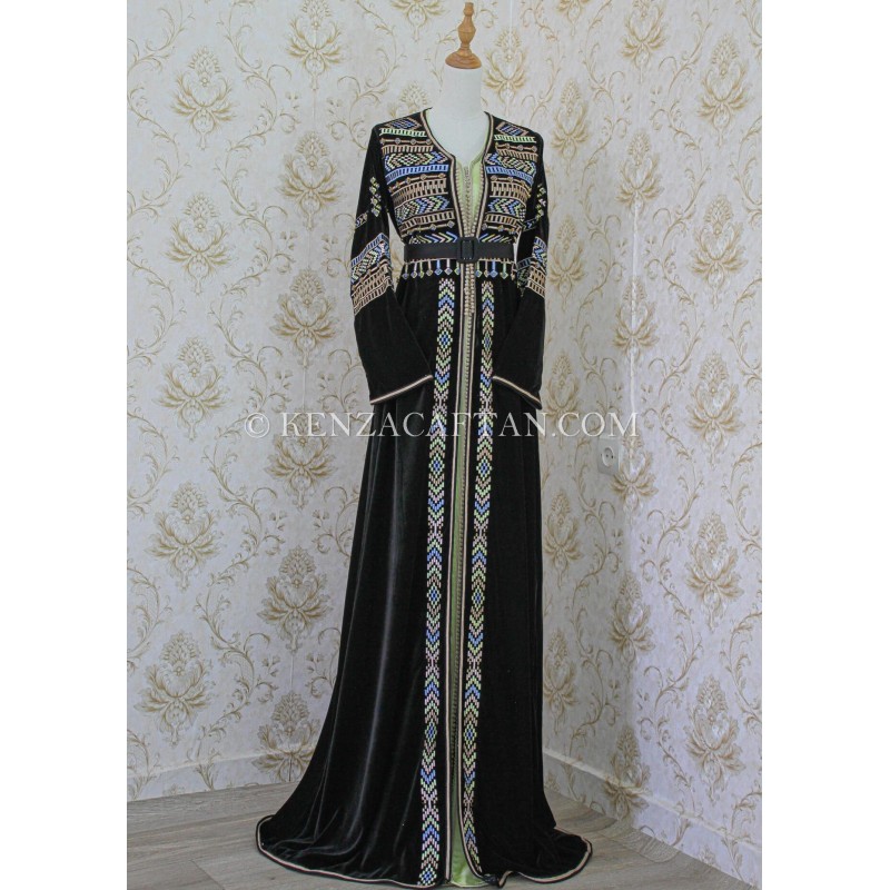 Caftan marocain noir en velours - caftan blanc et vert