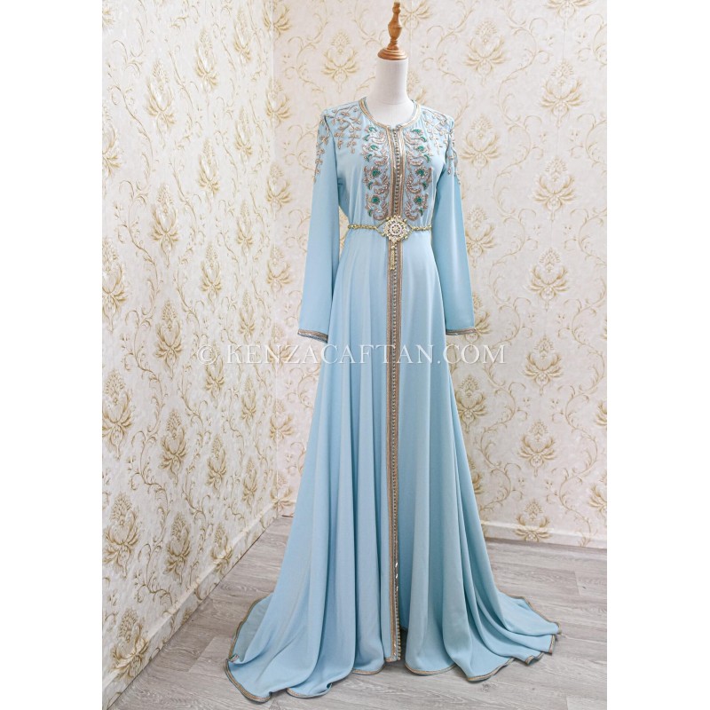 Caftan Anissa - achat caftan en ligne caftan bleu pastel sur mesure