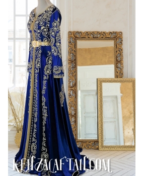 Caftan Rachida - caftan bleu en velours ✅ 100% Marocain